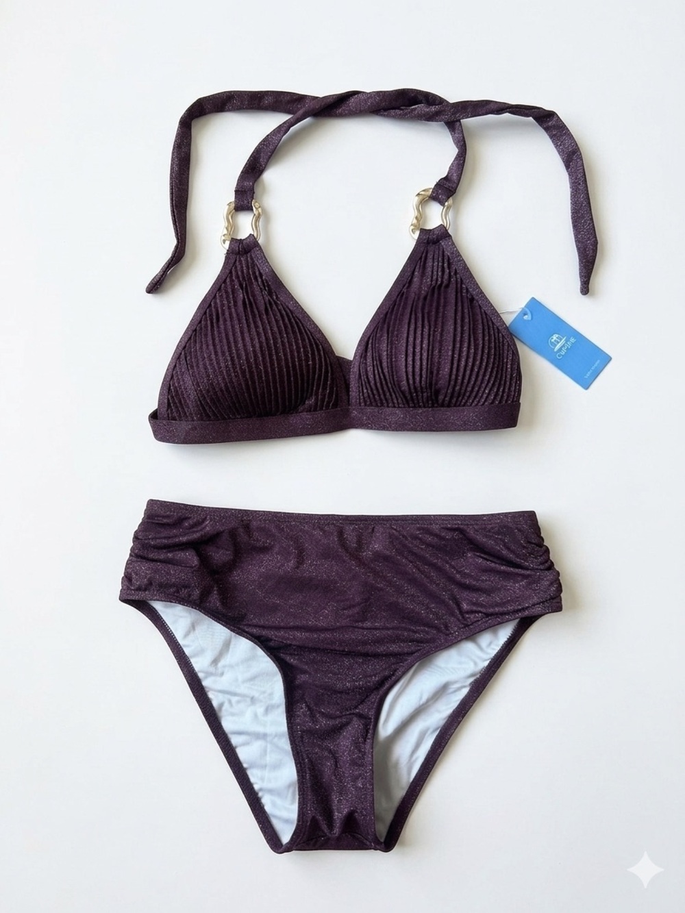 NWT Cupshe Purple Gold Shimmer Ribbed Bikini Set Size Small